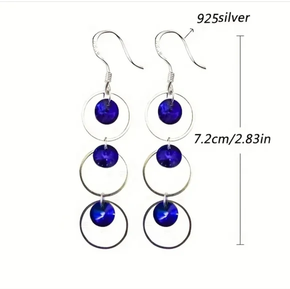 Y2K Retro Ethnic Style Hollow Circle With Blue Disc Dangle Earrings. - Picture 3 of 6